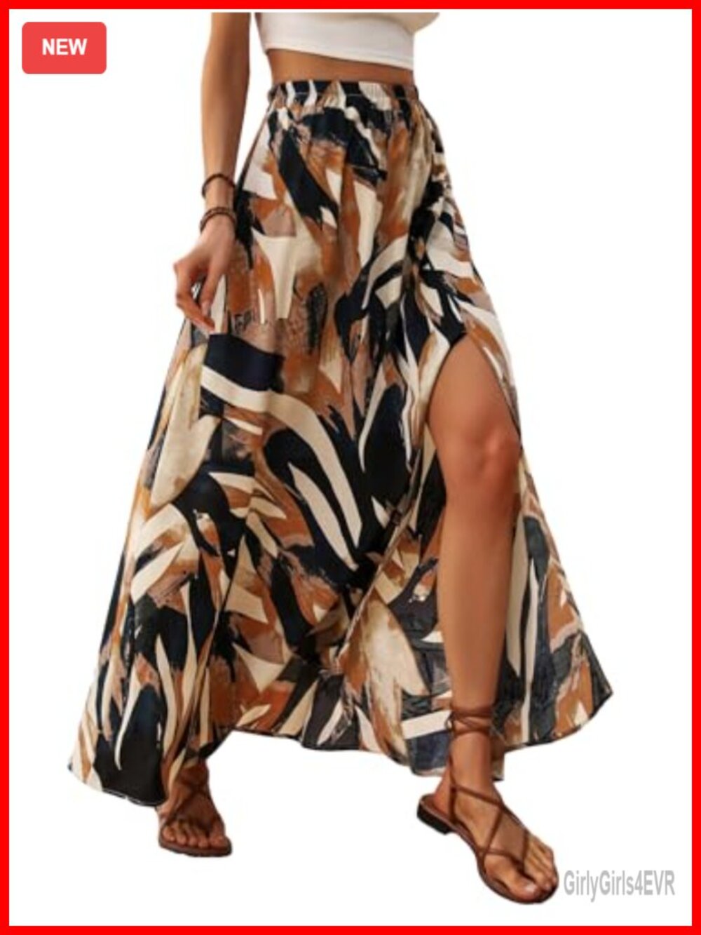 Women's Tropical Print High Waist Slit Flowy Maxi Skirt